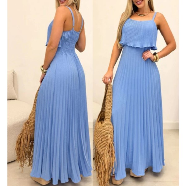 Vestido Longo Plissado Duna Alça Regulável e Elastex nas Costas em Oferta na Shopee
