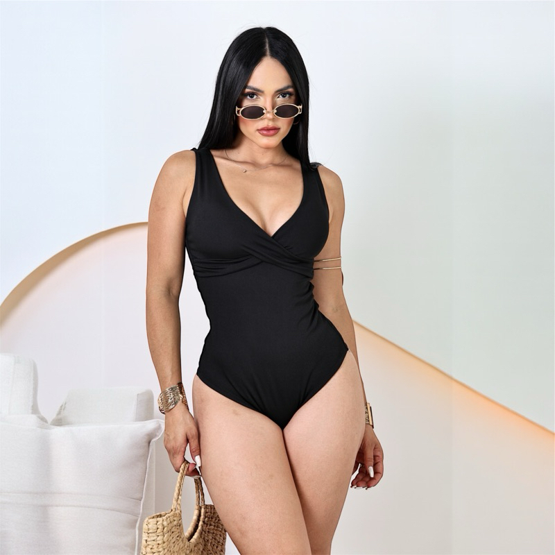 Body Maiô Feminino Luxo Afina Cintura No Tecido Suplex Premium Com Bojo Removível Cavado Modelador Praia Picina