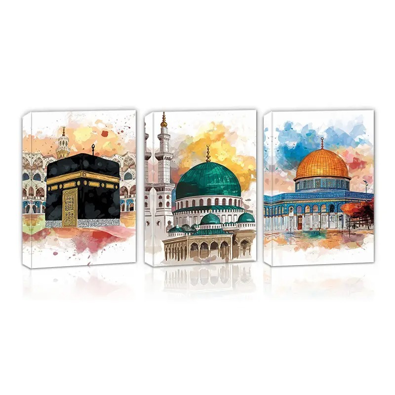 KIT 3 Quadros Islâmicos Meca Medina Caaba | Decoração Sala Aquarela Arquitetura Religioso