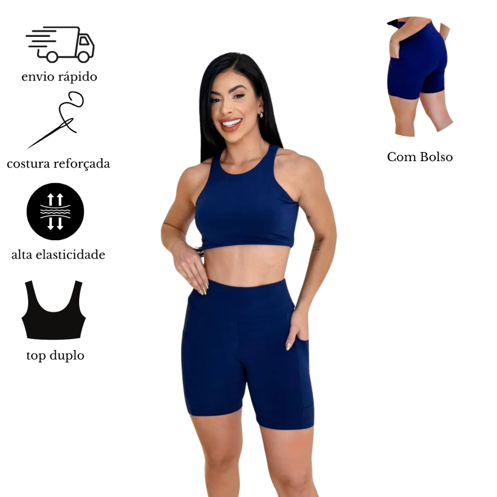 Conjunto Fitness Short Compressão Forrado com Bolso e Top Confortavel — imagem 1