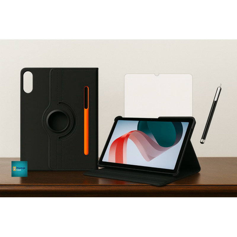 Kit Capa Redmi Pad 2 (2025) Giratória 360° Espaço para Guardar Caneta + Película de Vidro + Caneta Touch Preta. Capinha