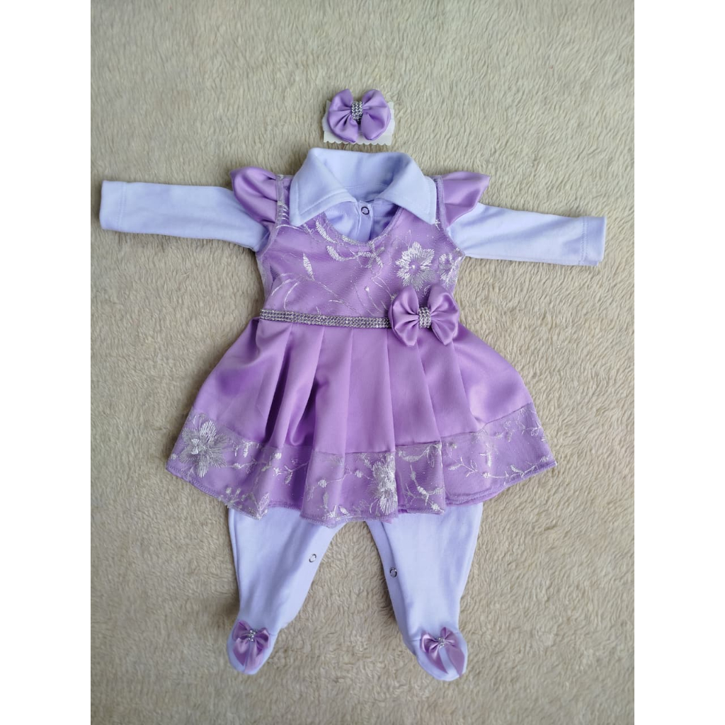 Detalhes do Saída de Maternidade Feminina Lilás com Renda Branca Kit Completo 6 Peças
