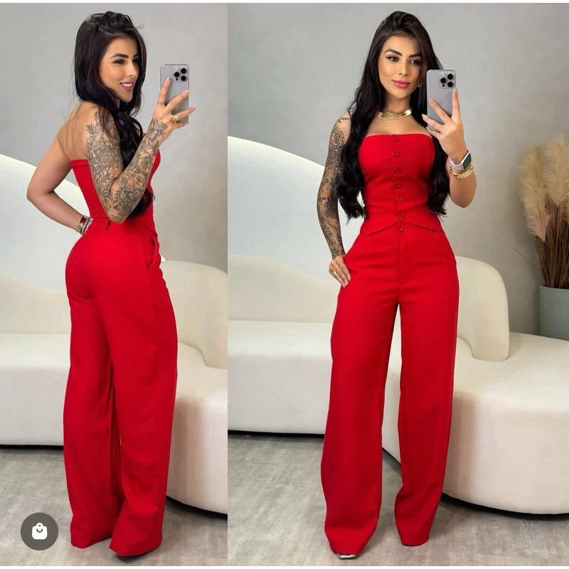 Conjunto TOMARA que CAIA e PANTALONA Feminino alfaiataria , blusa com elastec na costas