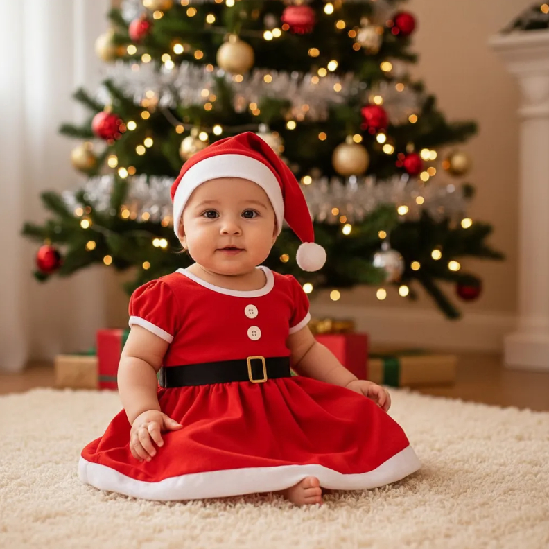 Fantasia Natal Meninas Vestido com Cinto Ajustável e Gorro