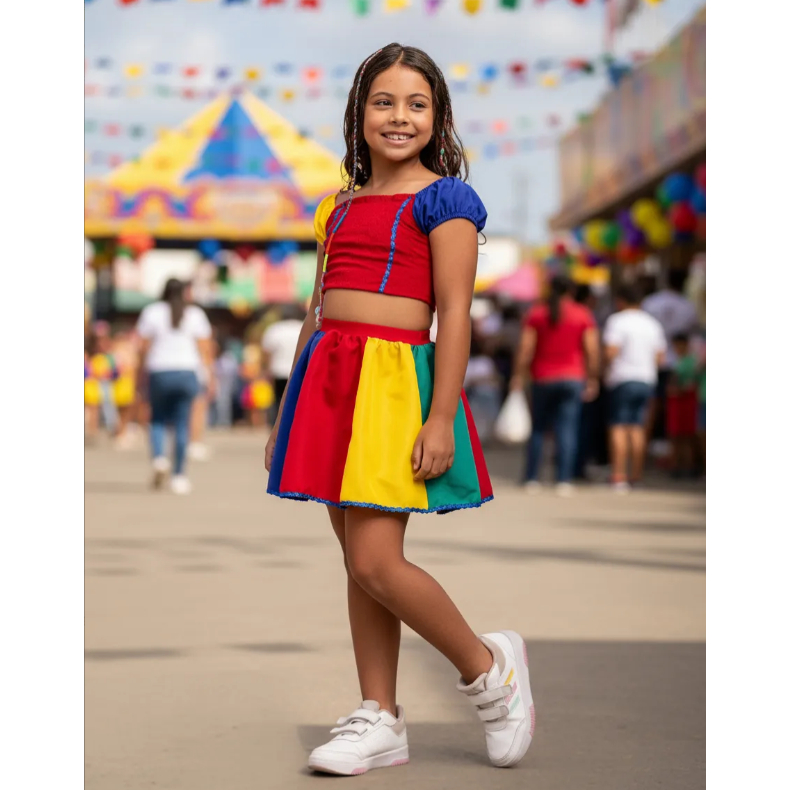 Fantasia Conjunto Infantil Frevo Saia Blusa e Sombrinha Colorida Bloquinho Tendência Carnaval