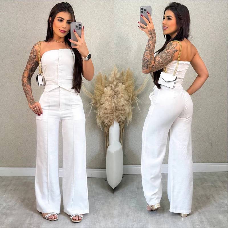 Conjunto Alfaiataria Feminino Blusa TOMARA que CAIA e Calça PANTALONA em Oferta na Shopee