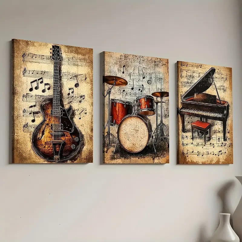 KIT 3 Quadros Instrumentos Músicais Vintage | Decoração Sala Bateria Piano Partitura