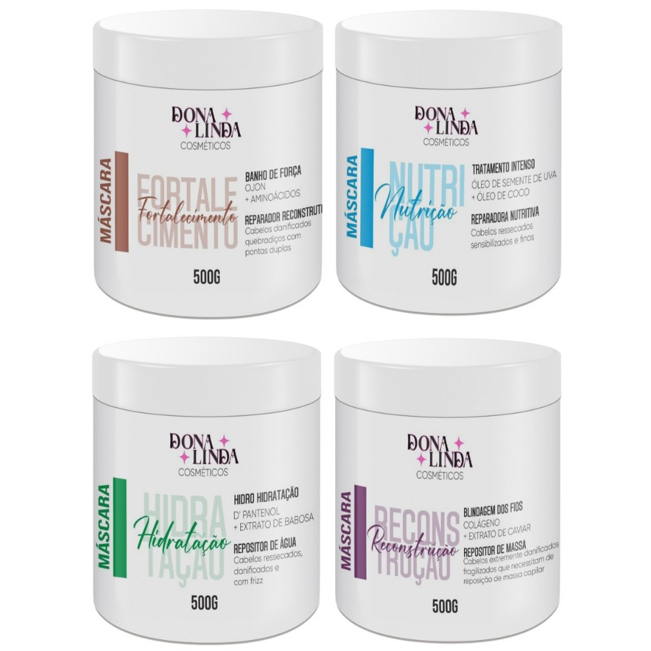 CRONOGRAMA CAPILAR DONA LINDA 4 MASCARA 500G NUTRIÇÃO HIDRATAÇÃO RECONSTRUÇÃO FORÇA em Oferta na Shopee