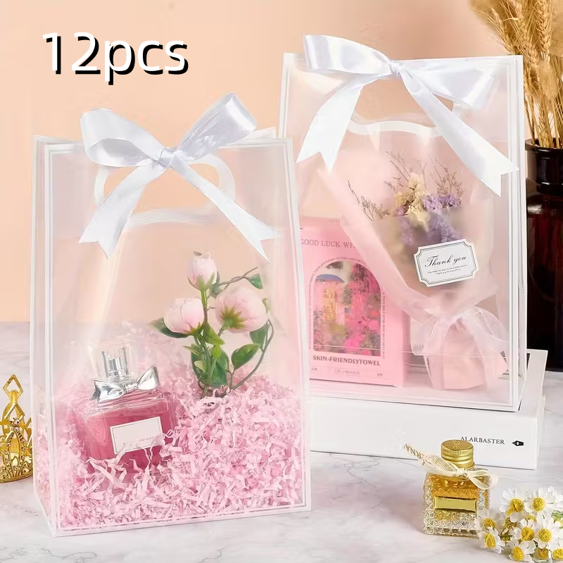 12 peças sacola plástica transparente para presente de aniversário, casamento, doces, sacola de compras ecológica em Oferta na Shopee