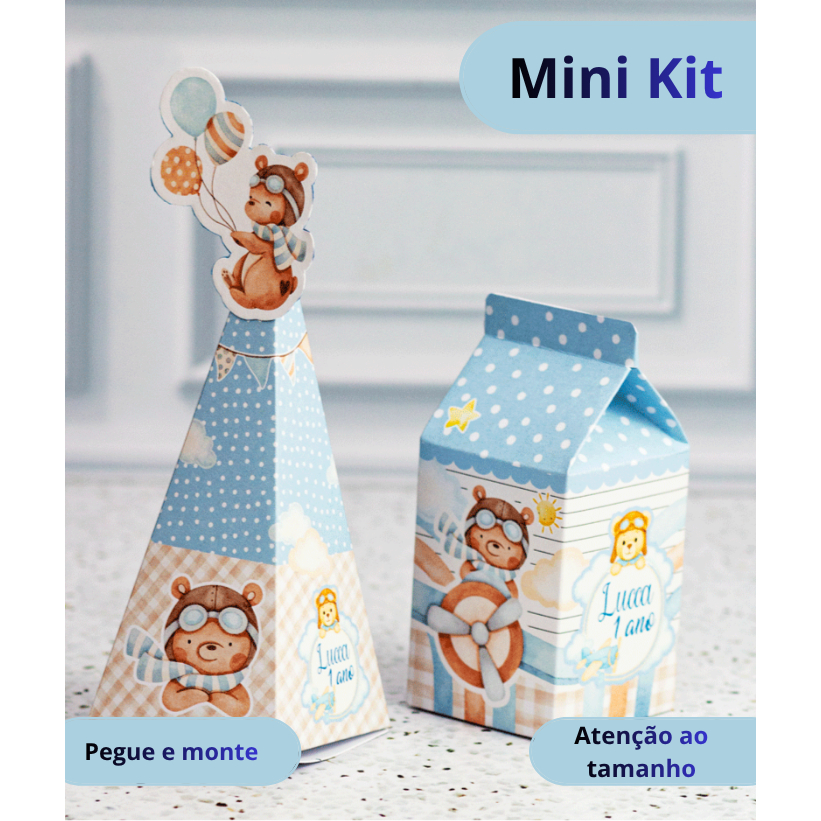 MINI Kit Personalizado - URSINHO VOADOR - Caixinhas MINATURA para Lembrancinhas Decoração Festa Infantil- PEGUE E MONTE