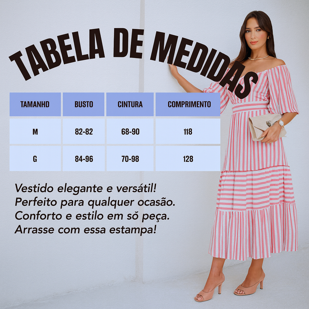 Vestido Midi Feminino Evangélico Viscolinho Listrado | Com Bojo e Forro de Qualidade