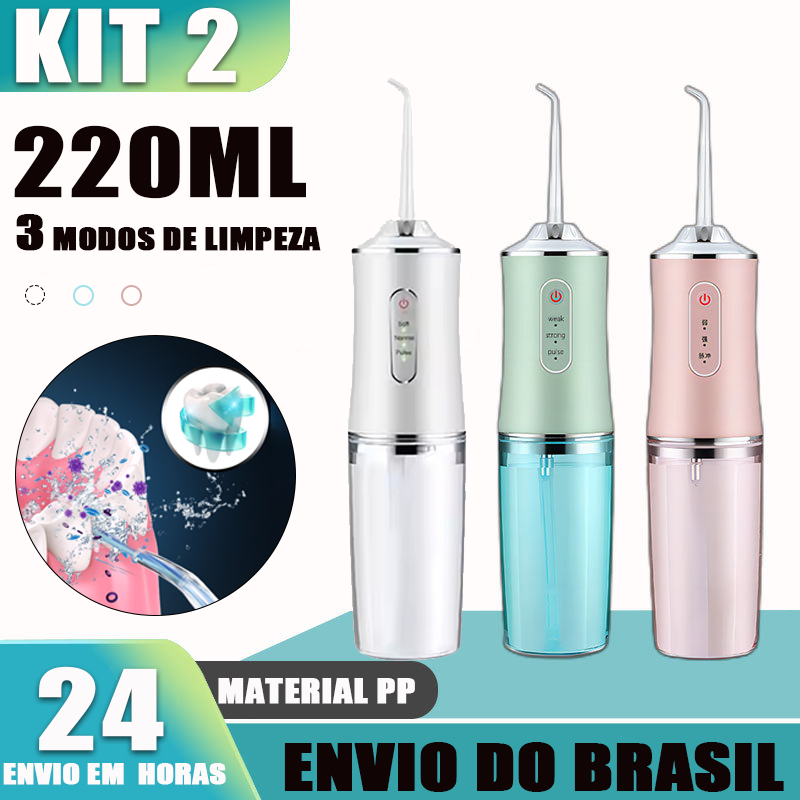 KIT 2 Irrigador Dental Higiene Oral Dentes 220ml Gengiva Portátil Recarregável Limpeza Bocal Jato F7