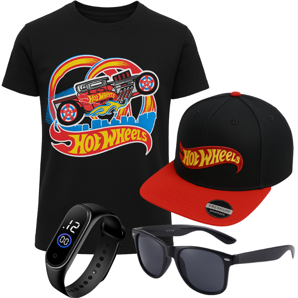 Kit Presente Completo Boné Bordado + Relógio + Óculos Proteção Sol + Camiseta Menino Infantil