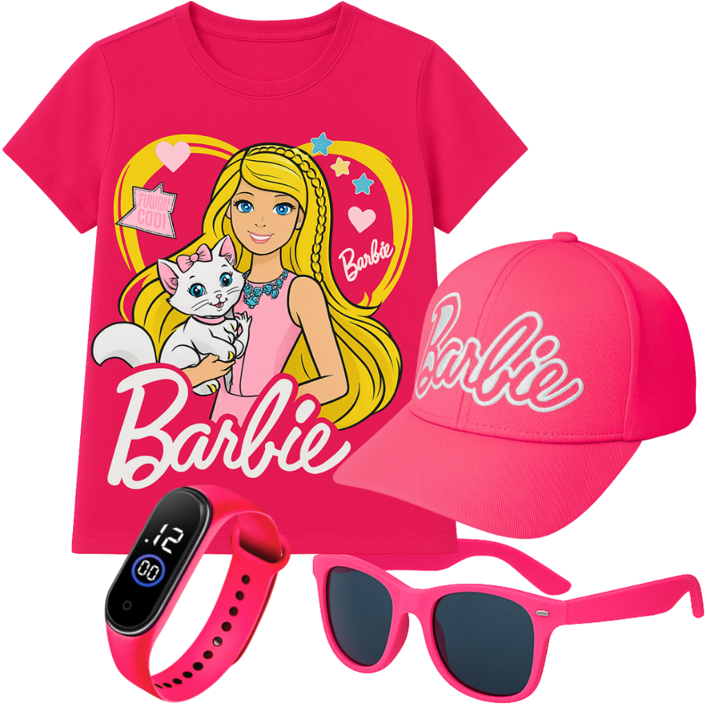 Kit Presente Completo Menina Boné Bordado + Oculos + Camiseta + Relógio Digital Infantil Moda