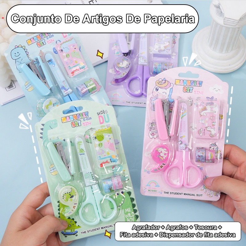 Kit Escolar 5 em 1 Super Conjunto Grampeador Tesoura Fita Presente Seguro Infantil Material Escolar