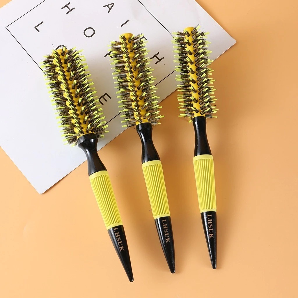 Kit 3 pc Escova De Cabelo Térmica Amarela Cerdas De Javali Mista Madeira