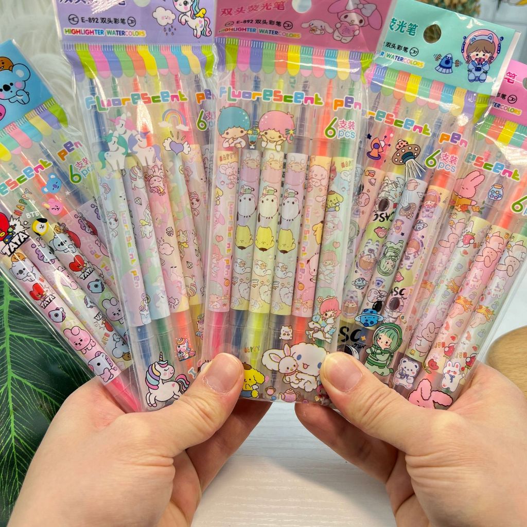 Kit com 6 Canetas Marca Texto Duas Pontas Fina e Grossa Cores Brilhantes para Estudantes