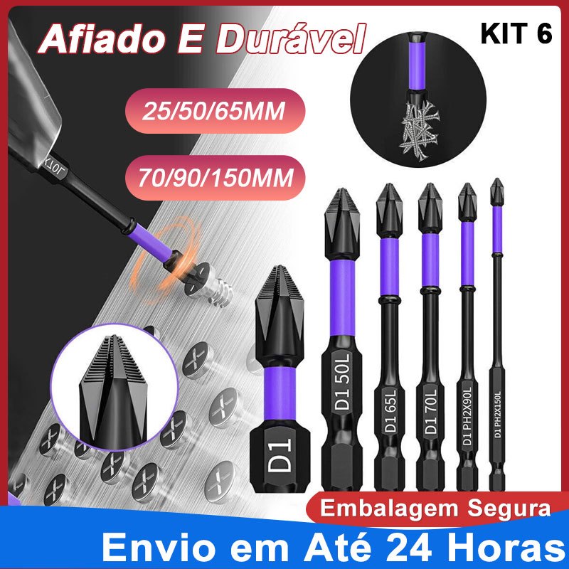 Kit 6 Bits Phillips PH2 Magnéticos Antiderrapantes Aço S2 para Parafusadeira 1/4 em Oferta na Shopee