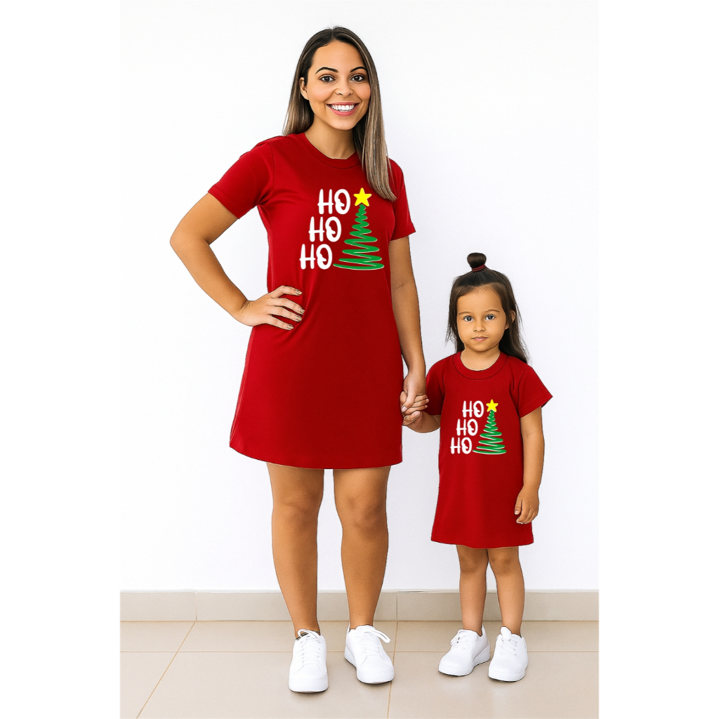 VESTIDO MÃE E FILHA VERMELHO NATAL ARVORE PINHEIRINHO HO HO HO HO PAPAI NOEL