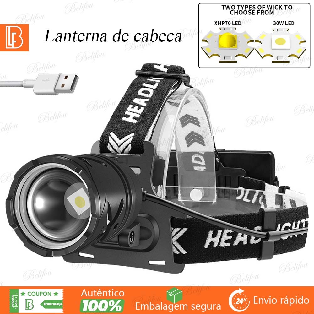 Imagem Lanterna de Cabeça LED Recarregável Prova Dagua P70 LED 30W 3 Modos Potente Camping Pesca Trabalho
