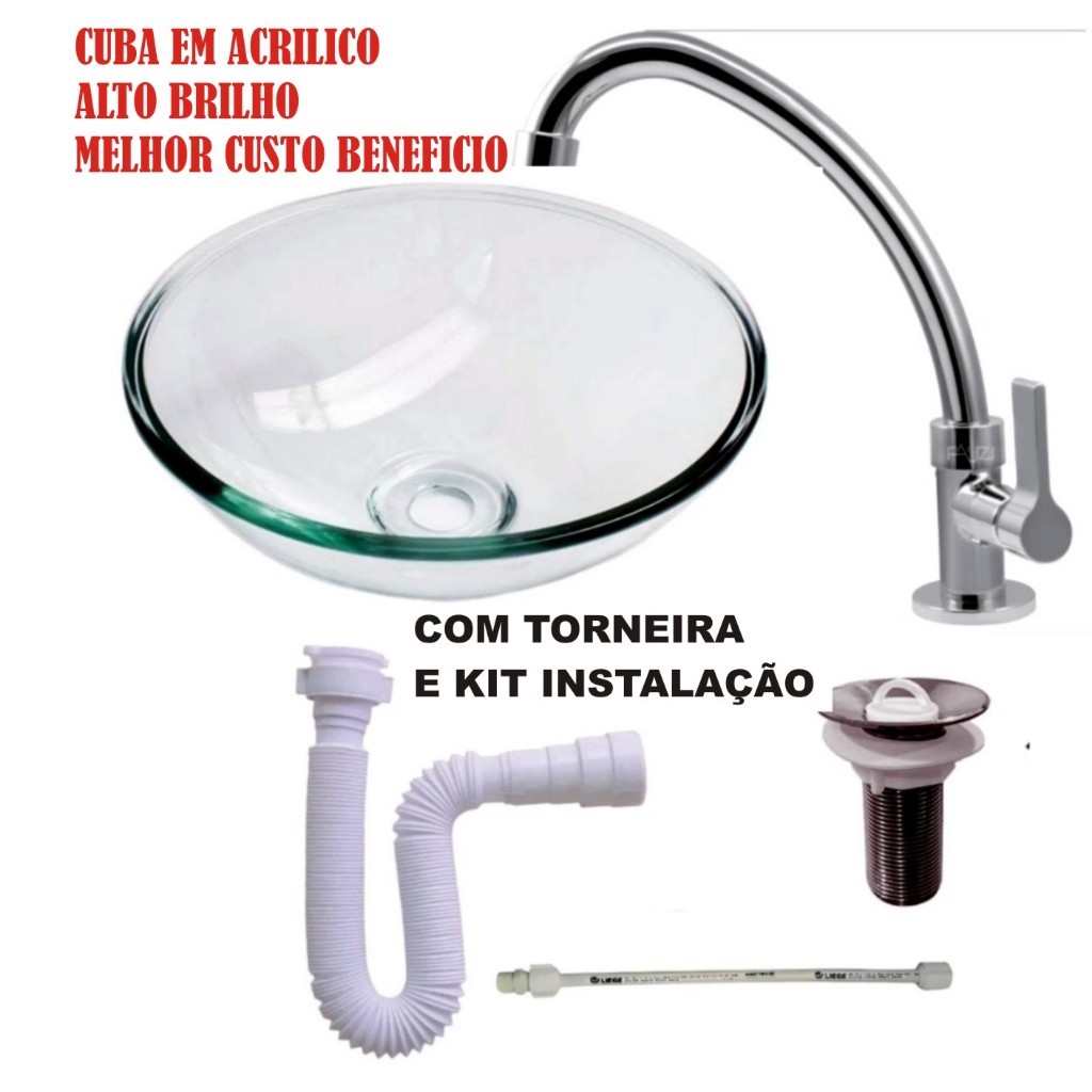 KIT CUBA  Pia Banheiro Acrílico ALTO BRILHO, Torneira Cromada + VÁLVULA CROMADA ABS + SIFÃO EXTENSÍVEL + ENGATE 40cm