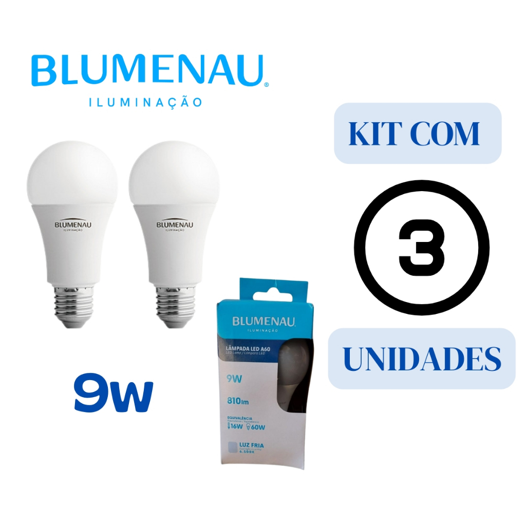 Kit 3 Lâmpada Bulbo LED 9W 6500k Cor Luz Branco Frio E27 A60 Blumenau Iluminação