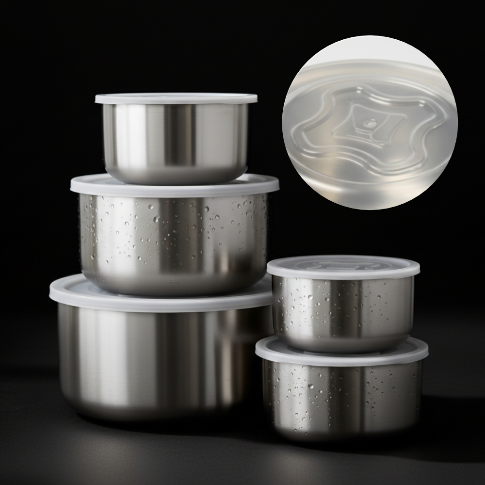 Jogo 5 Potes Tigelas em Inox Alumínio Com Tampa Redondo Grande Bowl