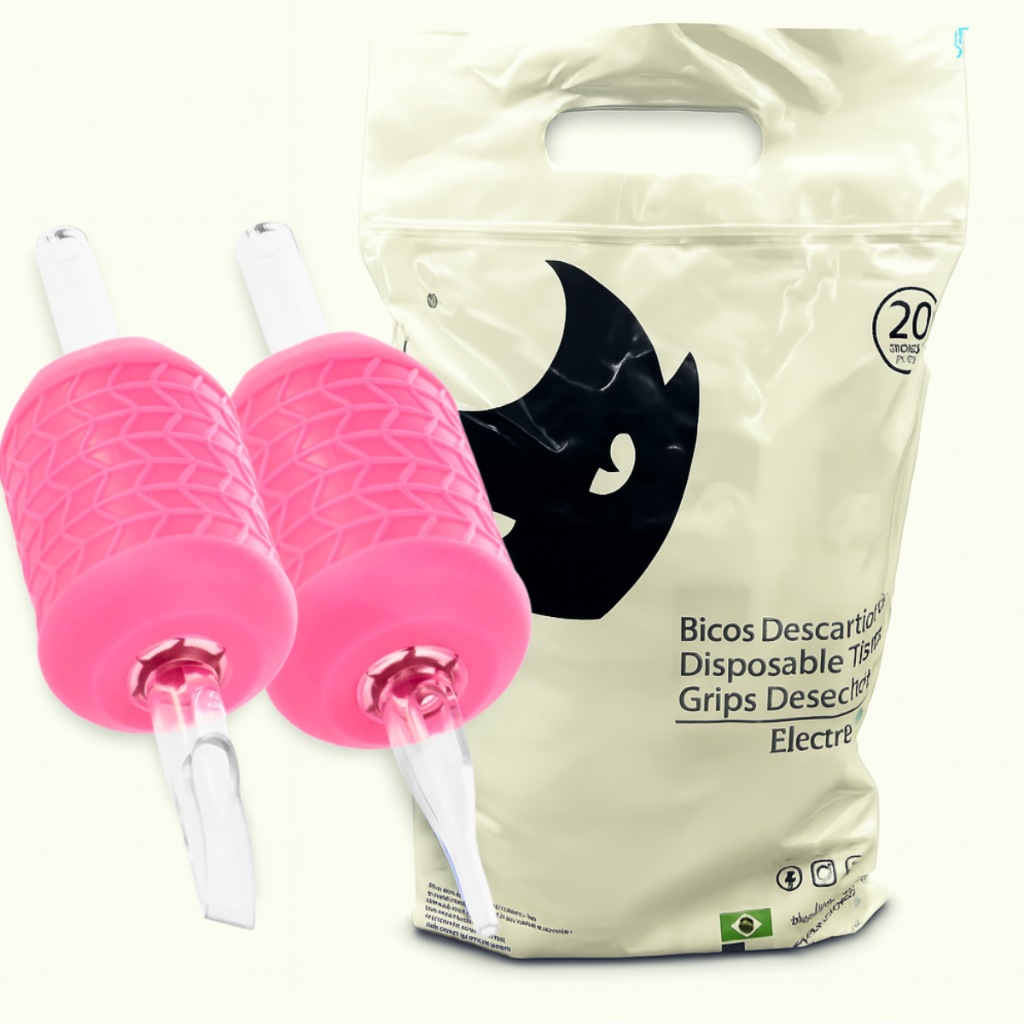 Kit 20UN Biqueiras Descartáveis Electric Ink Tattoo | Grip 30mm Crystal Tatuagem | Bicos Transparentes Rosa Envio Rápido