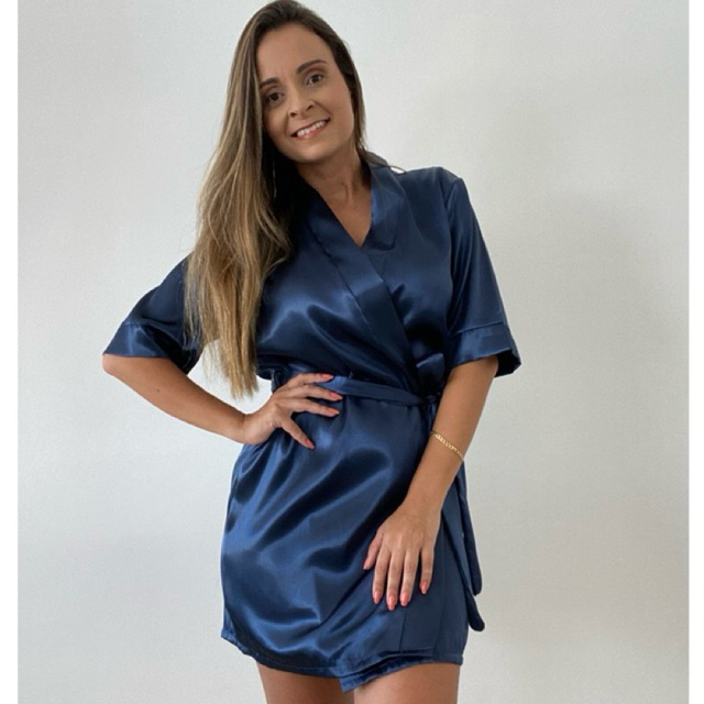 Robe em cetim para casamento marinho sem bordado em Oferta na Shopee