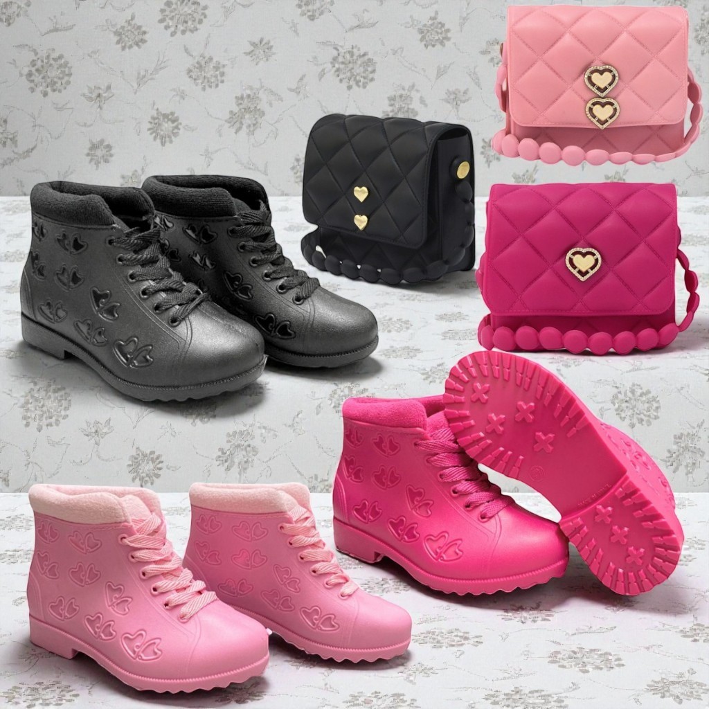 Conjunto Infantil Bota + Bolsinha Coração Feminino | Material Confortável E Impermeável offLS