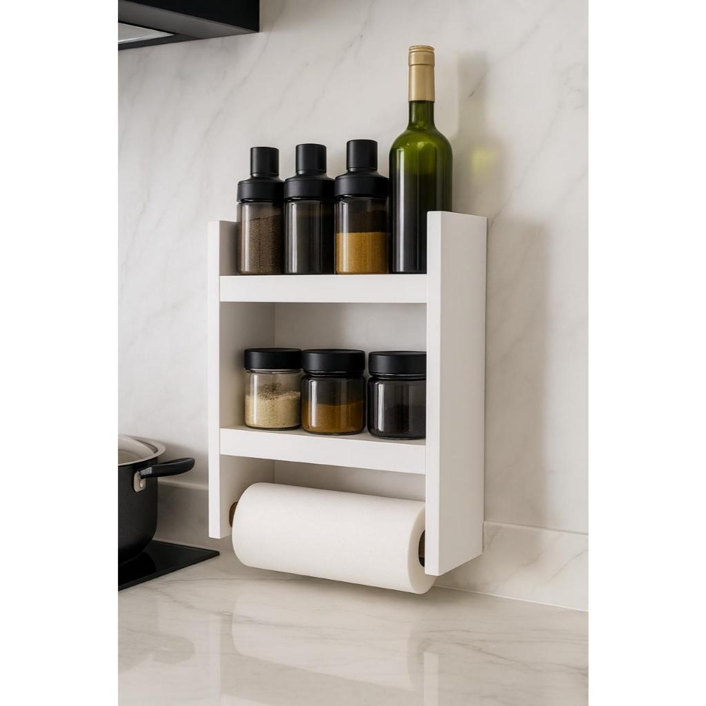 Nicho Porta Papel Toalha e Condimentos Potes Cozinha Banheiro 100% MDF BRANCO TX 15mm Tubo Metal em Oferta na Shopee