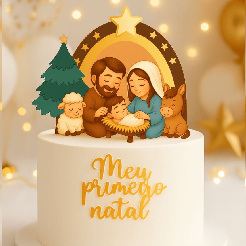 ENVIO RÁPIDO - Topo de Bolo Meu Primeiro Natal - Sagrada Família - Presépio - Feliz Natal  - Dourado