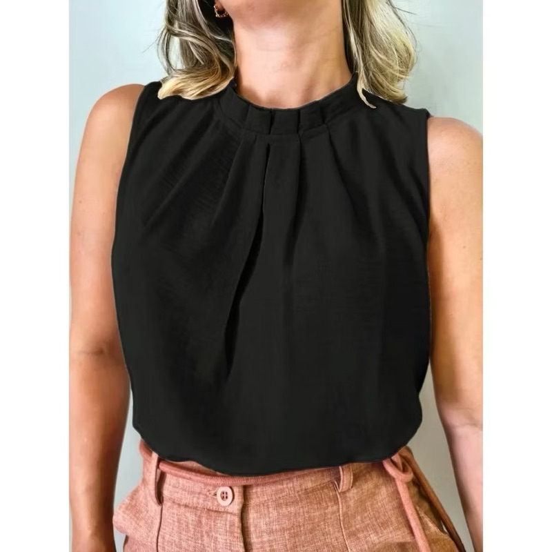 Blusa Feminina Social Regata Gola Alta Com Botão Na Costa em Oferta na Shopee