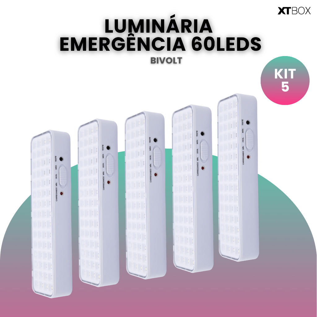 Kit 5 Luminária de Emergência 60 leds Lâmpada Luz Branco Frio Bateria Recarregável Bivolt 110v 220v