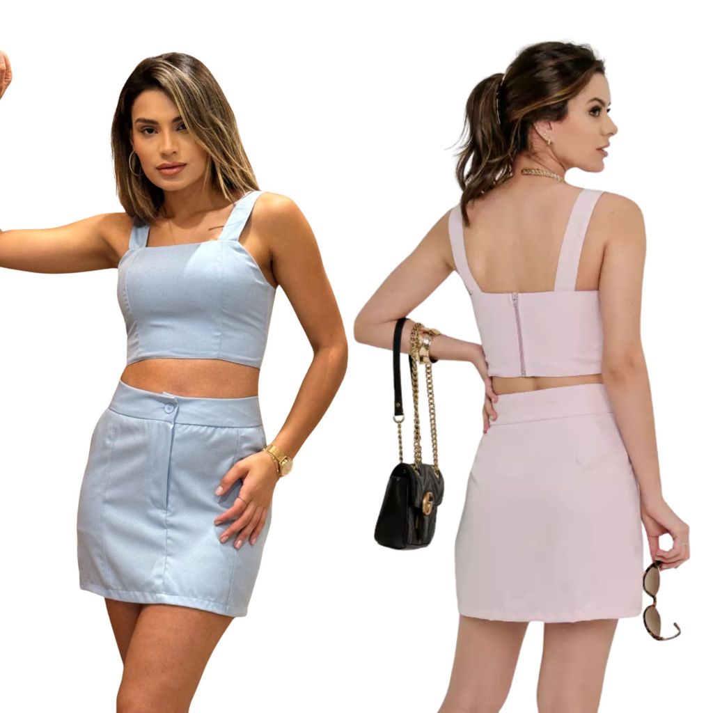 Conjunto Jussara Cropped Alças Larga e Zíper + Saia Com Bolso Feminino