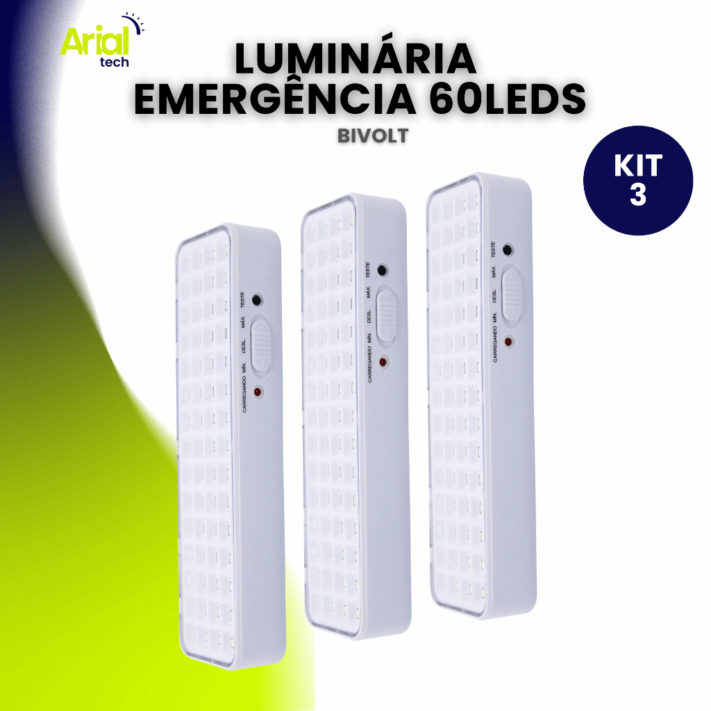 Kit 3 Luminária de Emergência 60 leds Bateria Recarregável Lâmpada Luz Branco Frio 110v 220v Bivolt