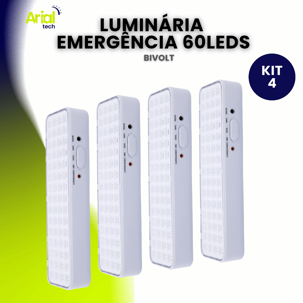 Kit 4 Luminária de Emergência 60 leds Bateria Recarregável Lâmpada Luz Branco Frio 110v 220v Bivolt
