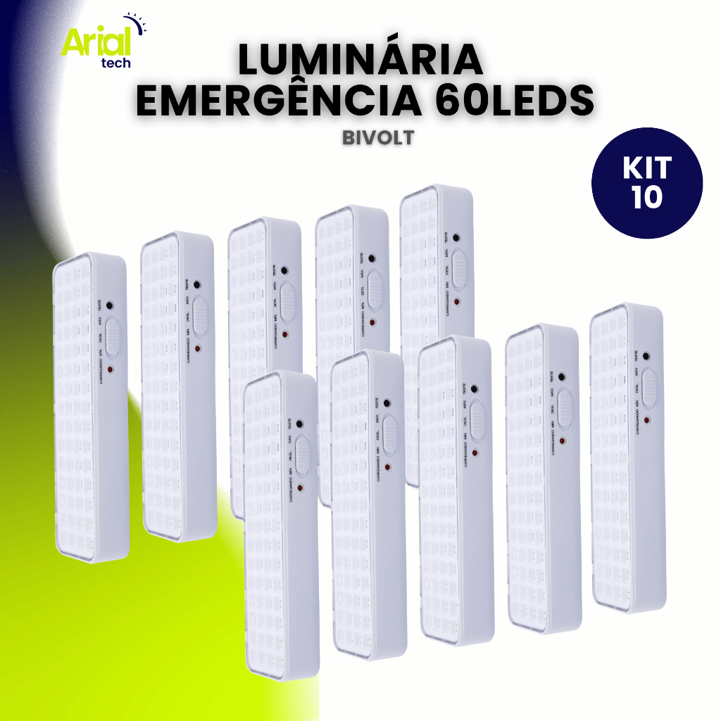 Kit 10 Luminária de Emergência 60 leds Bateria Recarregável Lâmpada Luz Branco Frio 110v 220v Bivolt