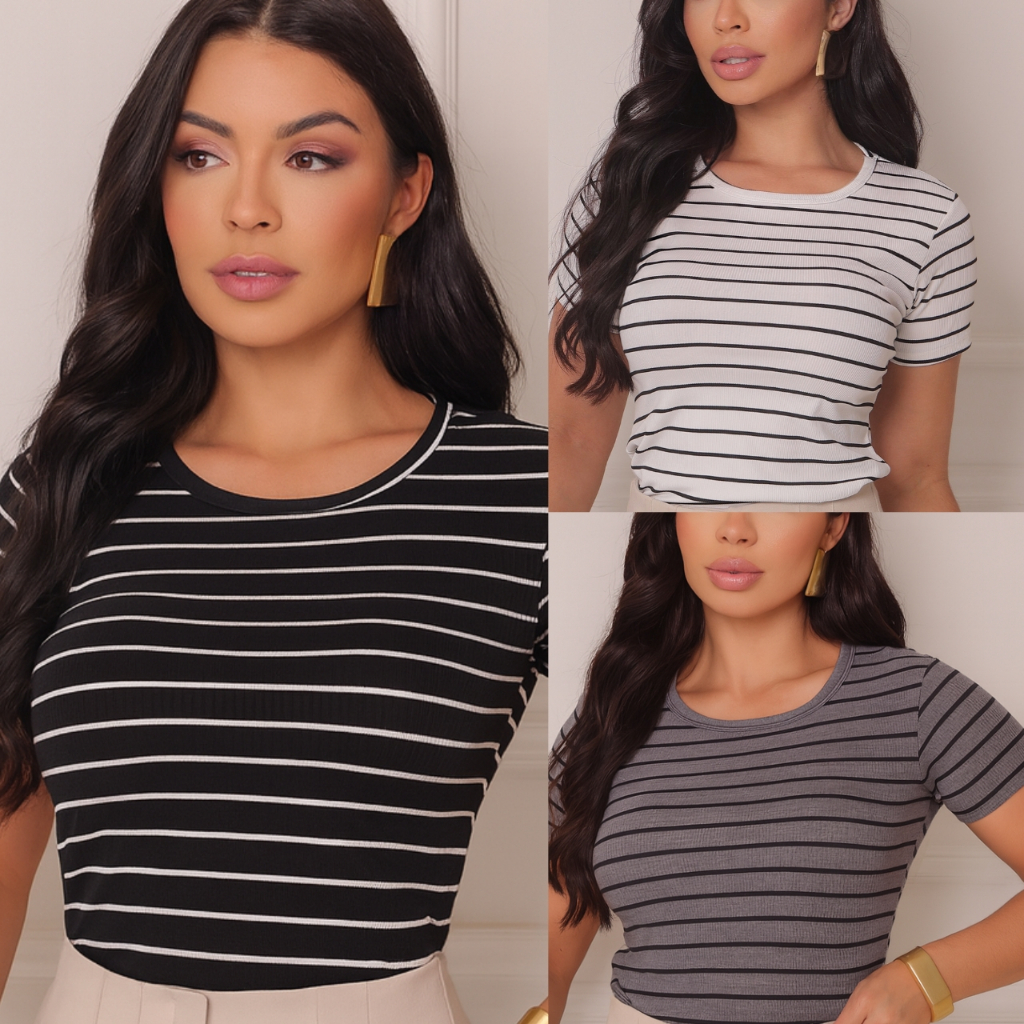 Blusa Femenina Estilosa Listrada Manguinha dia a dia básica Ribana Premium