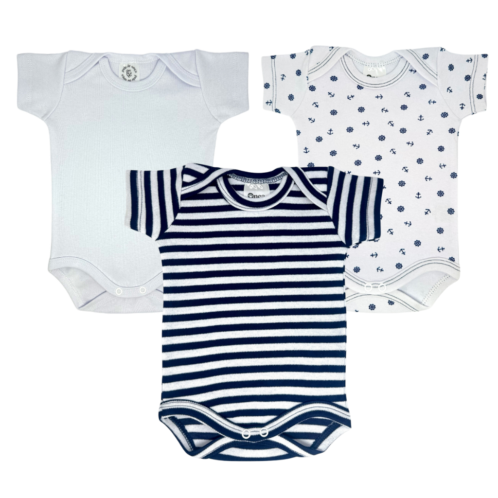 Kit Body Bebê Estampado Manga Curta Marinheiro 100% Algodão Maternidade Enxoval Menino Menina