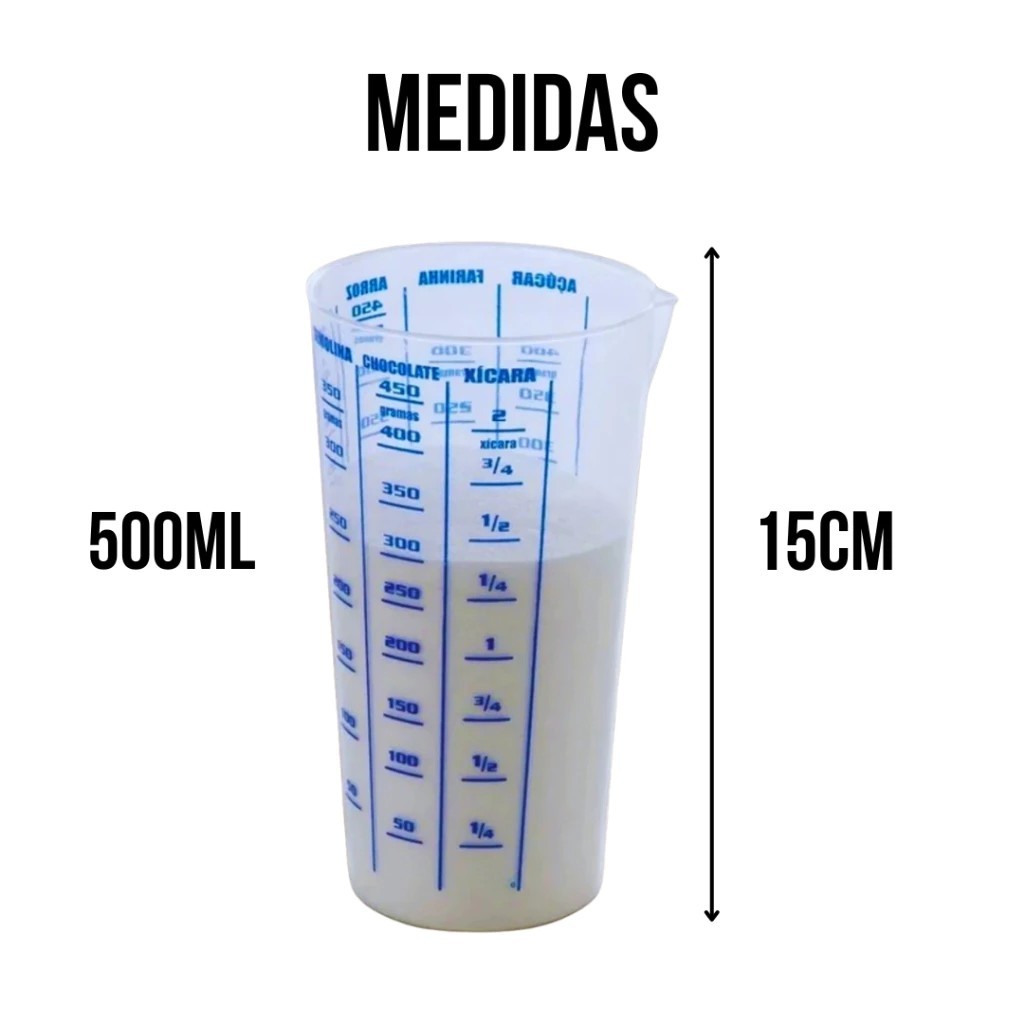 Copo Plástico Graduado Dosador Receitas para Cozinha Copo Medidor 500ML Rosa, Azul e Cristal
