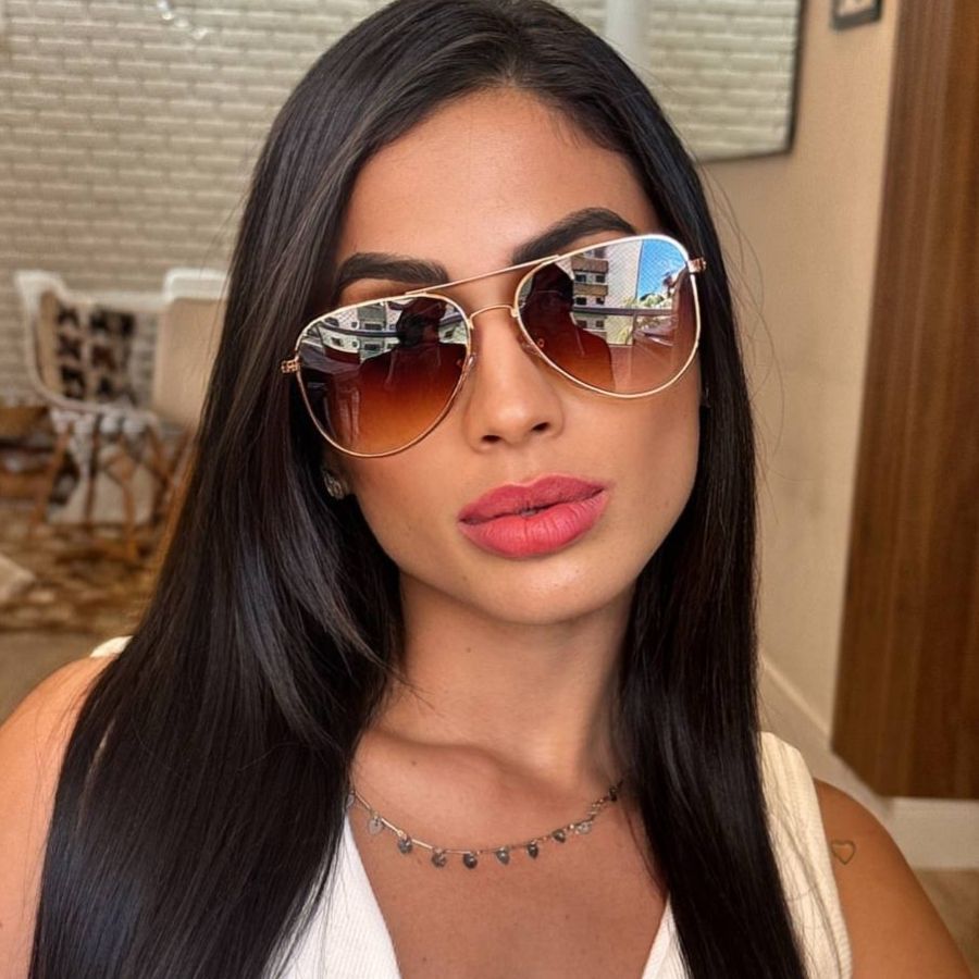 Óculos Feminino Aviador Marrom Lentes Flat Luxo Metal Anticorrosivo Proteção UV 400 Seven