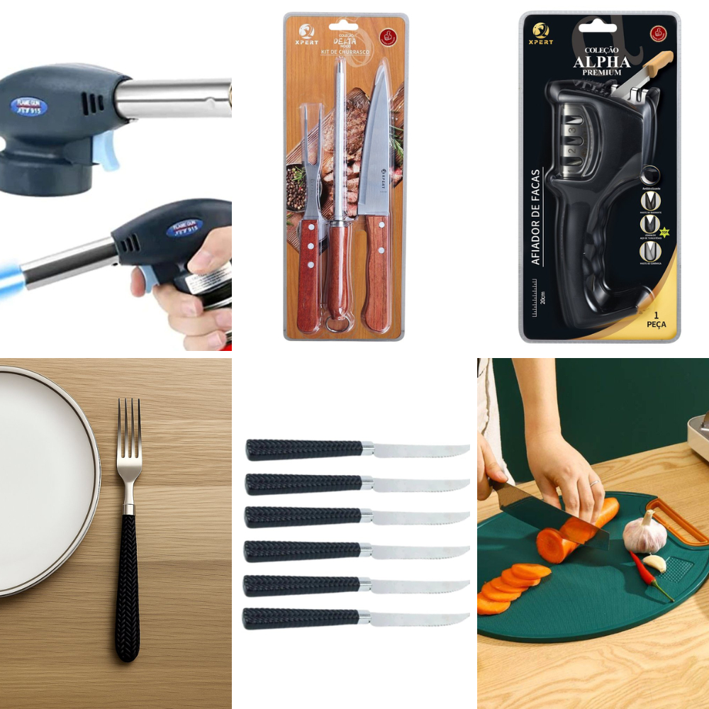 Kit Churrasqueiro Afiador Tabua Garfos Facas Chaira Maçarico Festas Churrasquinho Presente Casa Cozinha Prático 18 Peças
