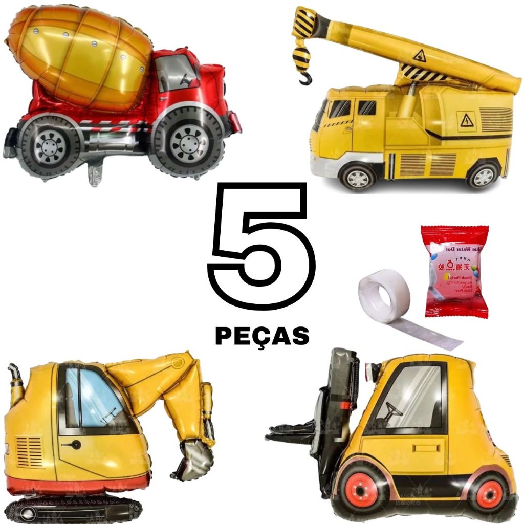 Kit 4 Balões Metalizados 75Cm Construção, Guindaste, Retroescavadeira, Empilhadeira, Betoneira + Rolo C/100 Gotas Adesiv