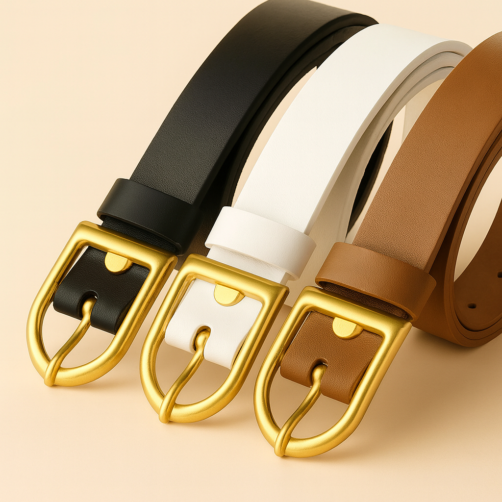 Kit 3 Cintos de couro Feminino elegante com fivela dourada casual - preto branco e marrom Ajuste Perfeito