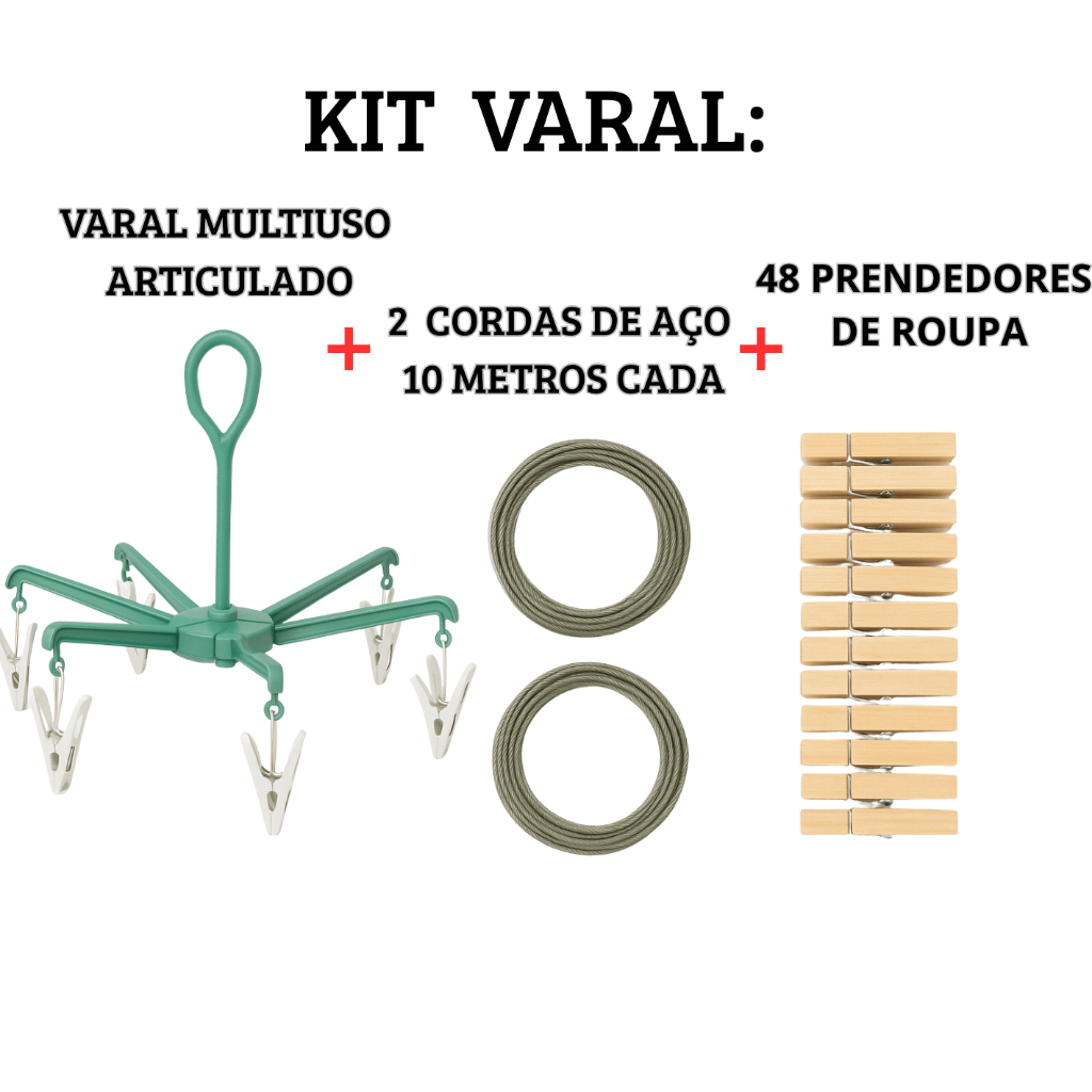 KIT VARAL COMPLETO – VARAL + 2 CORDAS DE AÇO + 48 PREGADORES