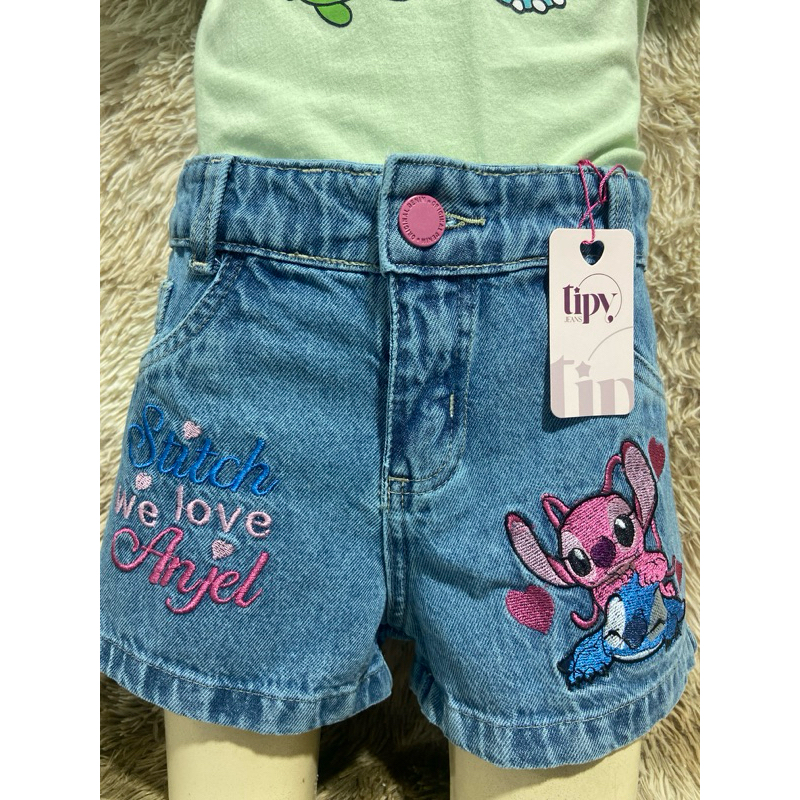 shorts jeans feminina bordado Stich e angel. (skai gel) em Oferta na Shopee