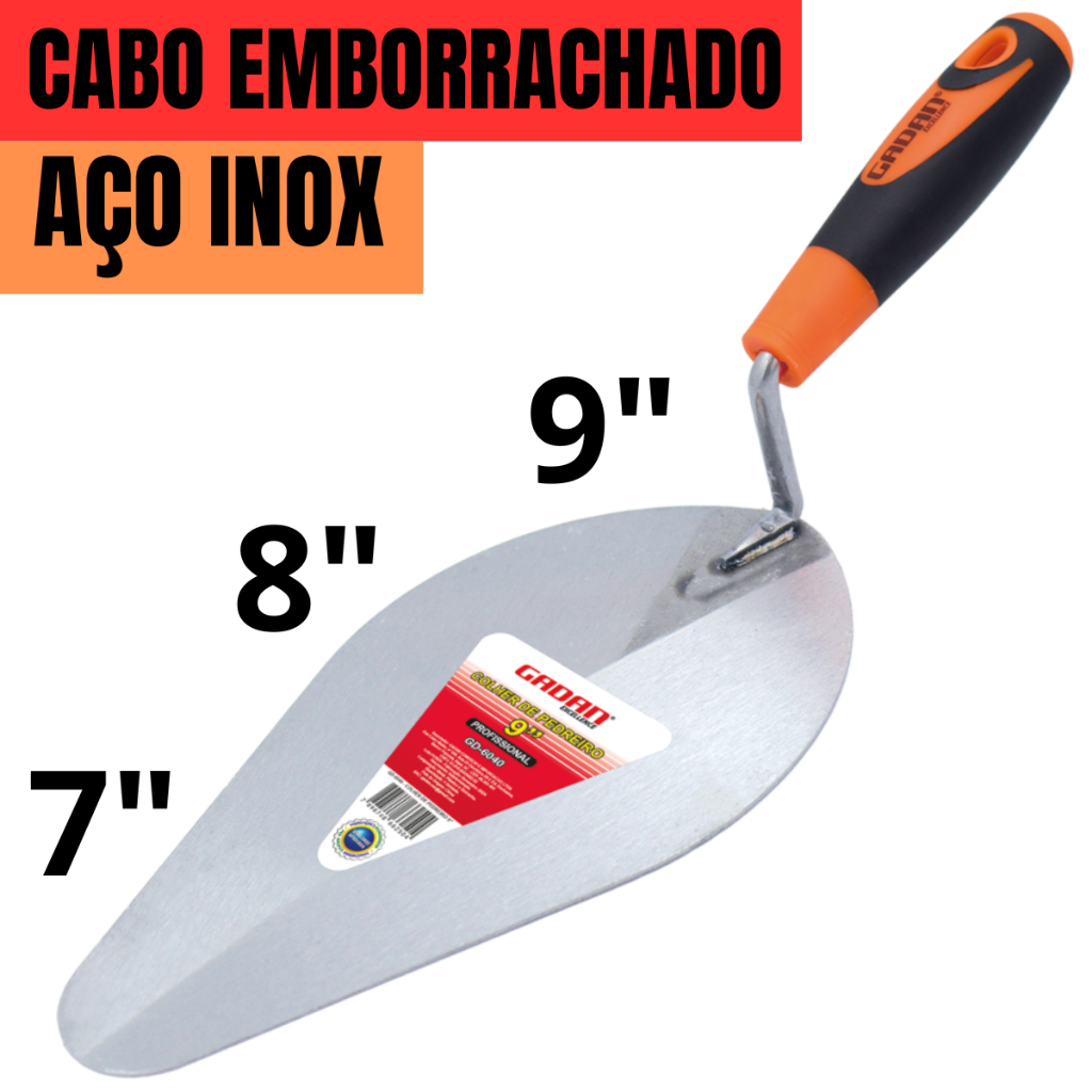 Colher de Pedreiro Oval de Aço Inox Com Cabo Emborrachado Professional 9 / 8 / 7 Polegadas