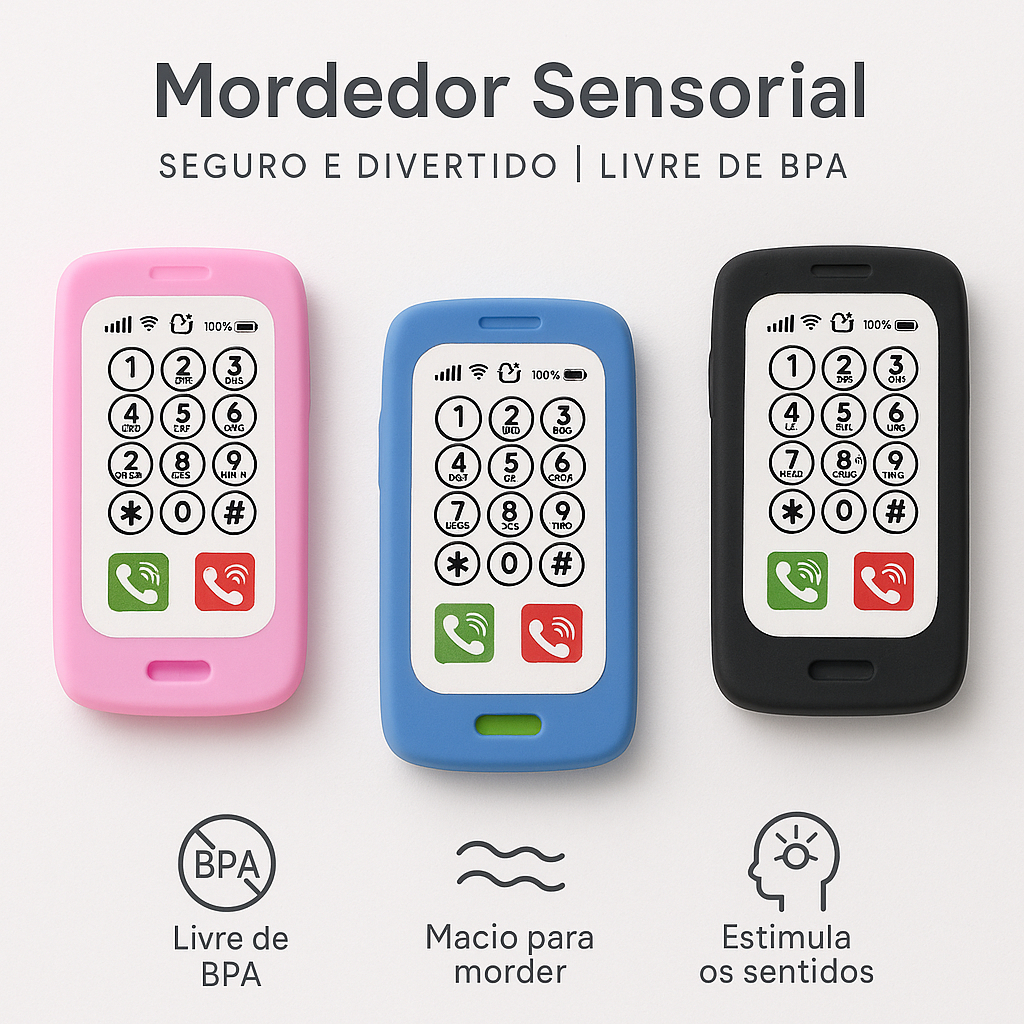 Mordedor Celular Smartphone para Bebê Vila Toy Macio Seguro Estímulo Sensorial Dentição Cores Sortidas BPA Free Atóxico