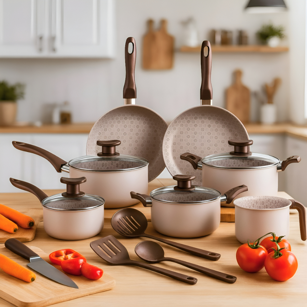 Jogo De Panelas 10 Peças Antiaderente Teflon ivory – Linha Familiar Para Cozinha Completa, Ideal Para Fritura Arroz